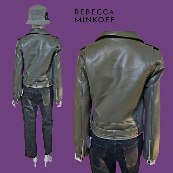 REBECCA MINKOFF NEW OLIVE Faux Leather Belted Waist Moto Jacket M - Picture 8 of 12